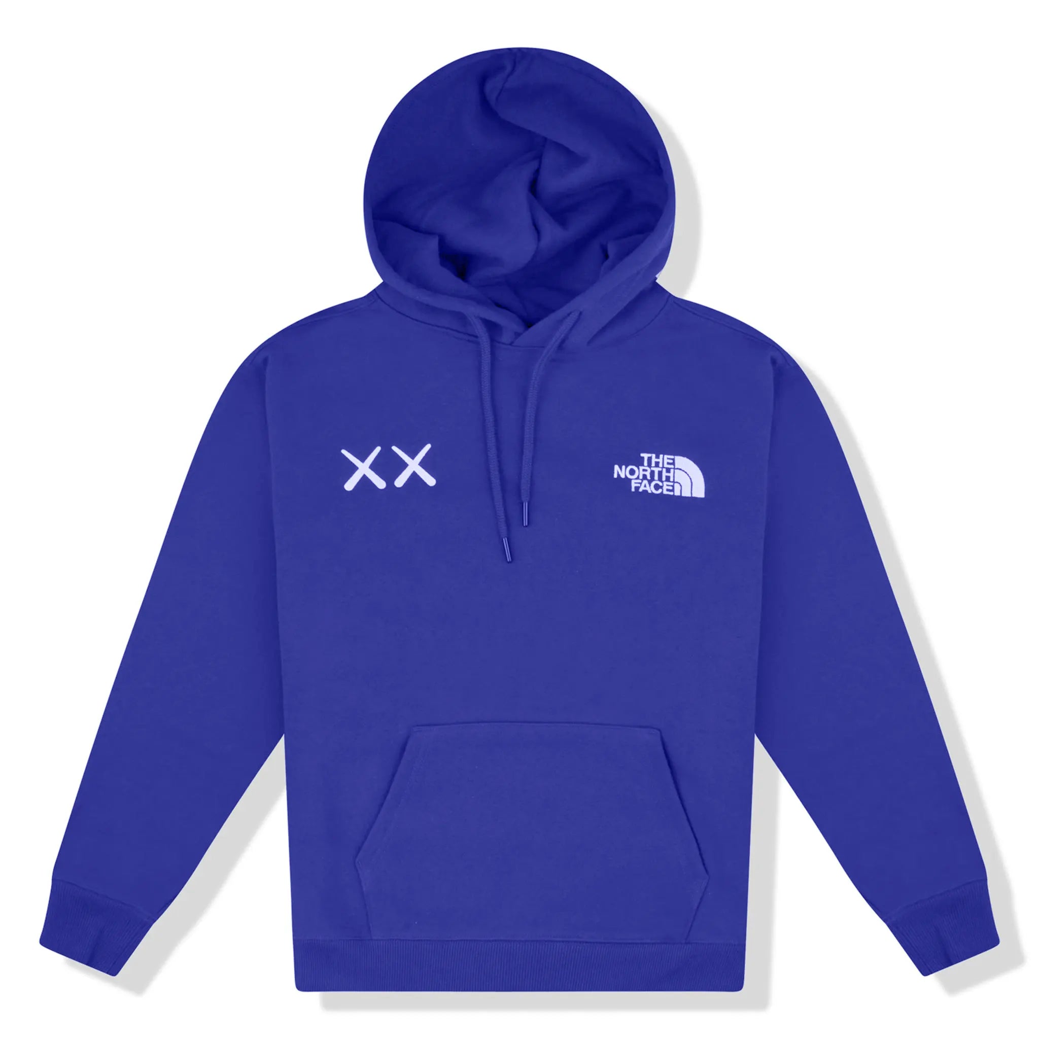 Front view of Kaws x The North Face Popover Bolt Blue Hoodie